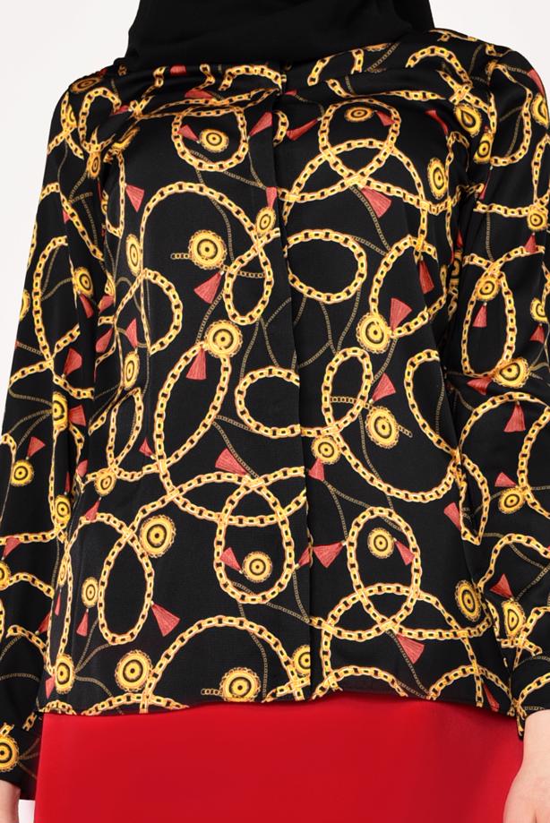 Tesettür giyim SİYAH ZİNCİR DESENLİ BLUZ 7002 - TRENDTESETTÜR