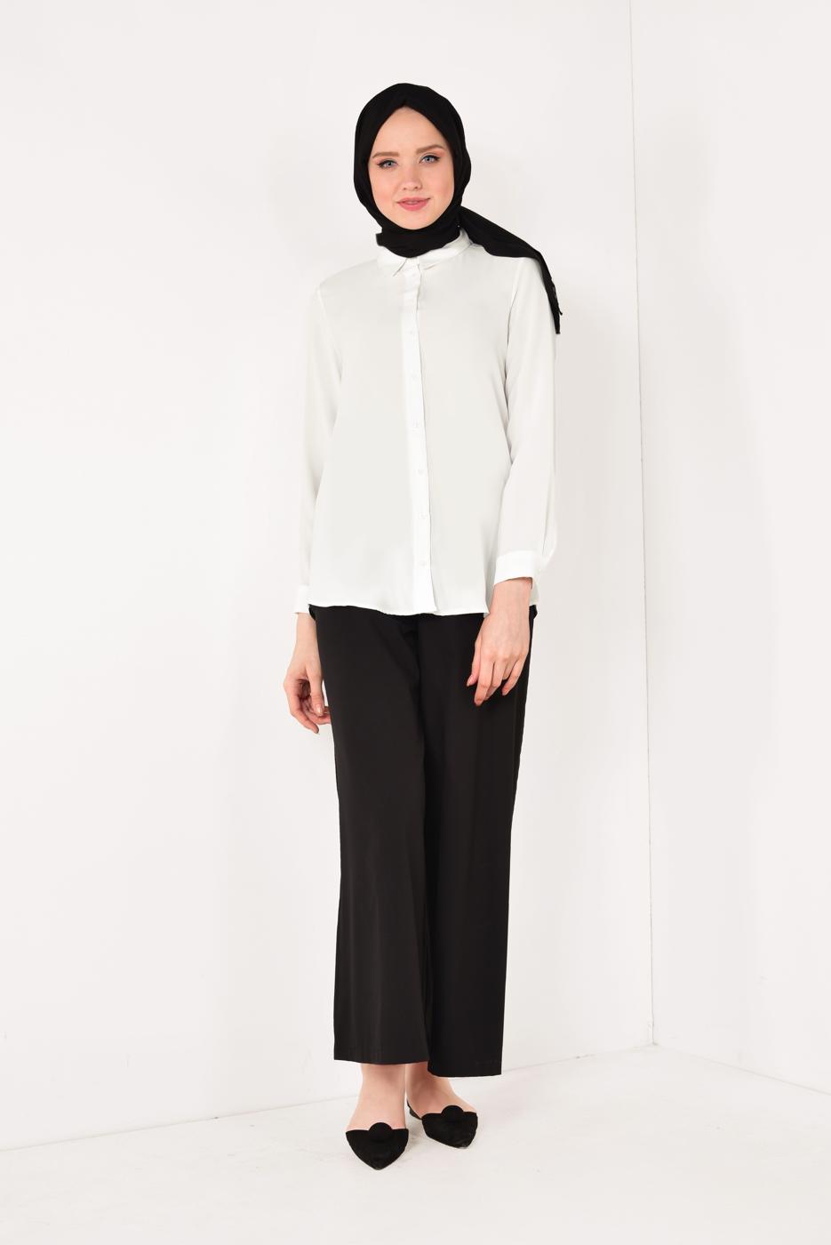 Hijab clothing ECRU T 8002 STN- SIRT DETAYLI ŞİFON BLUZ