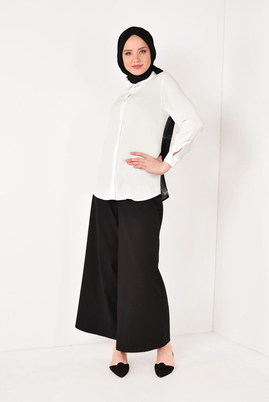 Hijab clothing ECRU T 8002 STN- SIRT DETAYLI ŞİFON BLUZ