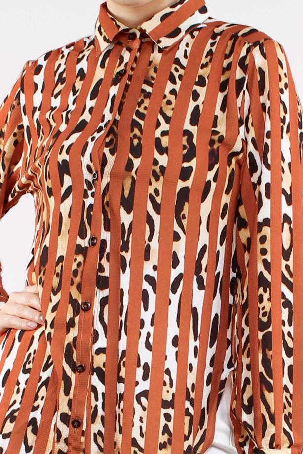 Tesettür giyim TURUNCU ÇİZGİ VE LEOPAR DESENLİ BLUZ 8133 - TRENDTESETTÜR
