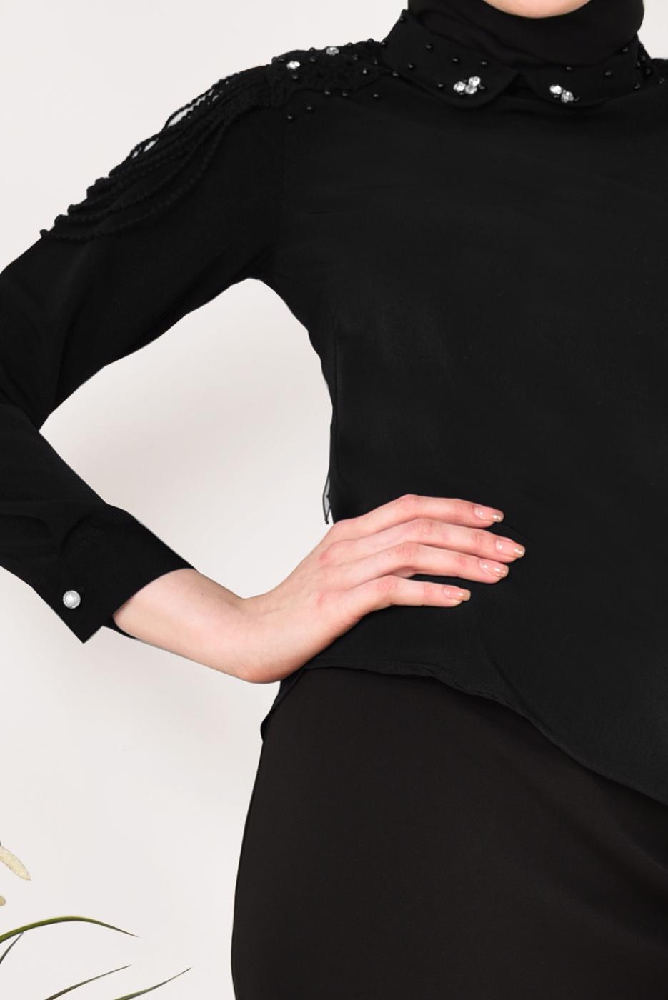 Hijab clothing BLACK Collar and Shoulder Bead Detailed Blouse T 8146