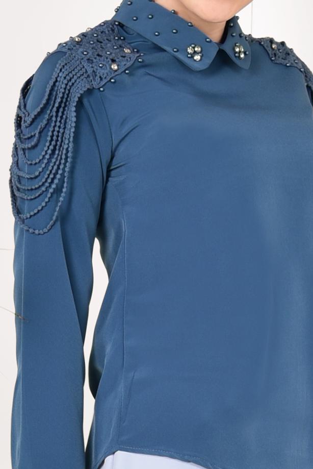 Tesettür giyim LACİVERT YAKASI VE OMUZLARI BONCUK DETAYLI BLUZ 8146 - TRENDTESETTÜR