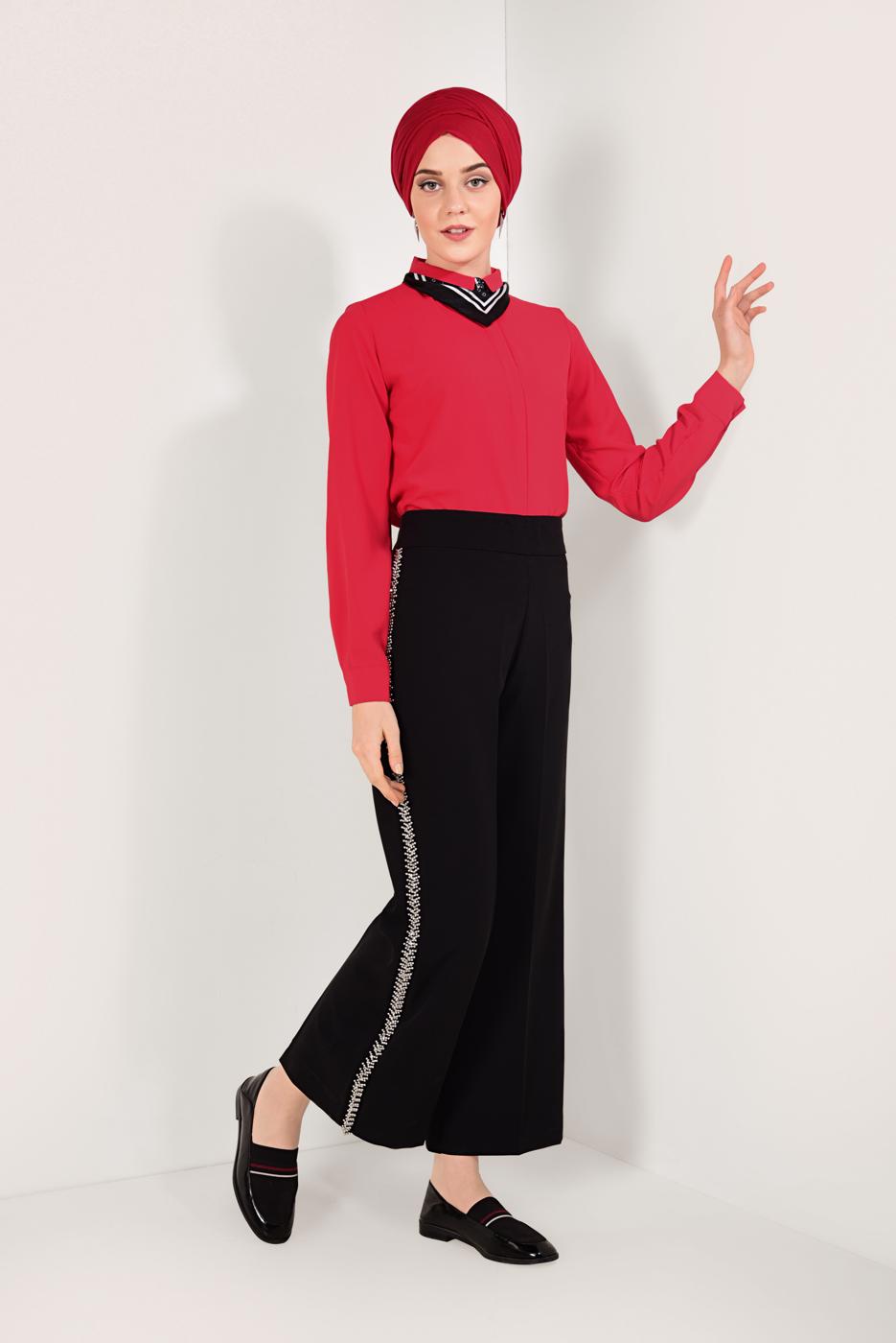 Vêtements hijab ROUGE T 9052 STN-GİZLİ DÜĞMELİ ŞİFON BLUZ