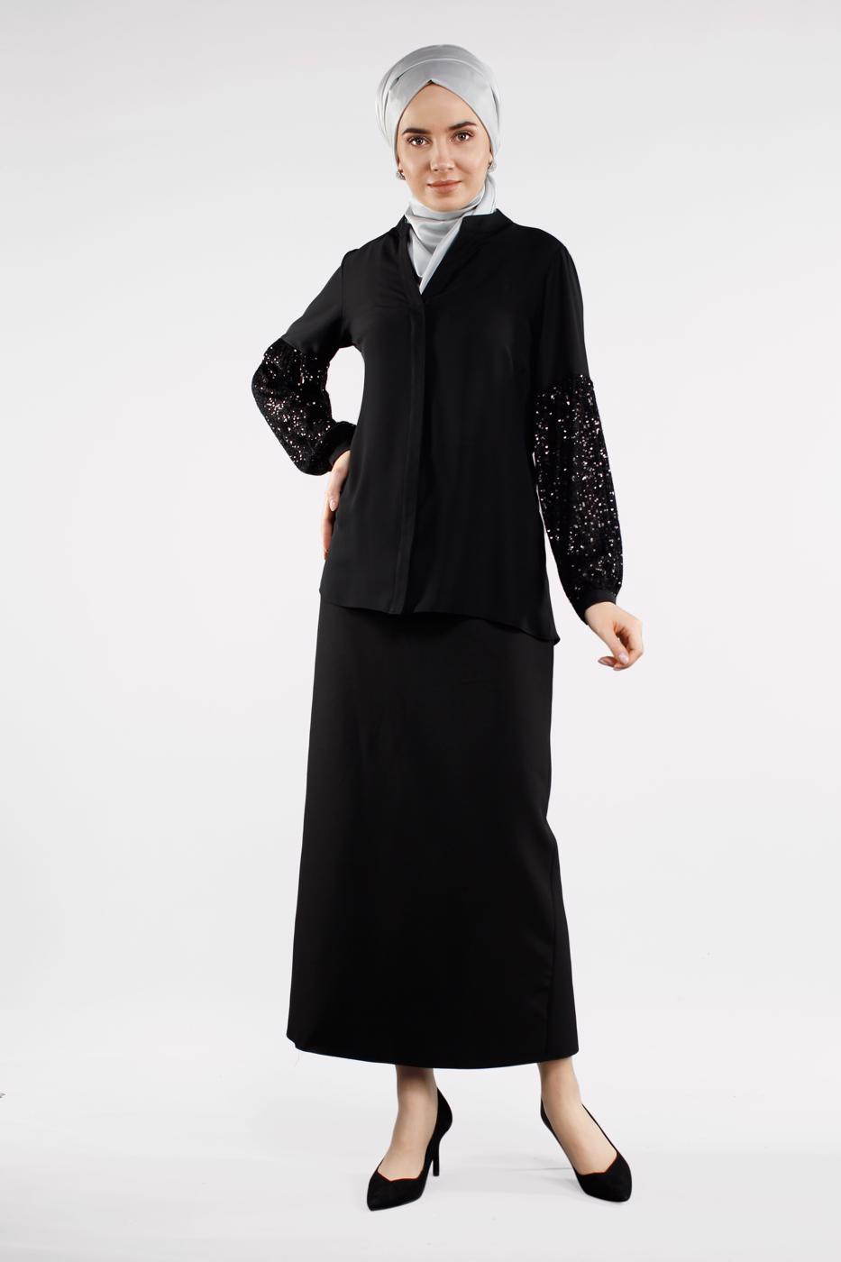 Hijab clothing BLACK Sequin Sleeve Blouse T 9102