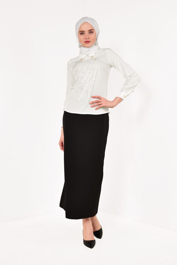 Vêtements hijab  T 9946 AYTE-YAKA UCU AKSESUARLI İŞLEMELİ BLUZ - TRENDTESETTÜR