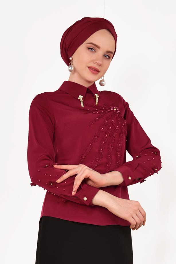 Vêtements hijab  T 9946 AYTE-YAKA UCU AKSESUARLI İŞLEMELİ BLUZ - TRENDTESETTÜR