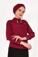 Hijab clothing CLARET RED T 9946 AYTE-YAKA UCU AKSESUARLI İŞLEMELİ BLUZ