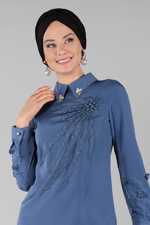 Vêtements hijab  T 9946 AYTE-YAKA UCU AKSESUARLI İŞLEMELİ BLUZ - TRENDTESETTÜR