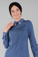 Vêtements hijab BLEU MARINE T 9946 AYTE-YAKA UCU AKSESUARLI İŞLEMELİ BLUZ