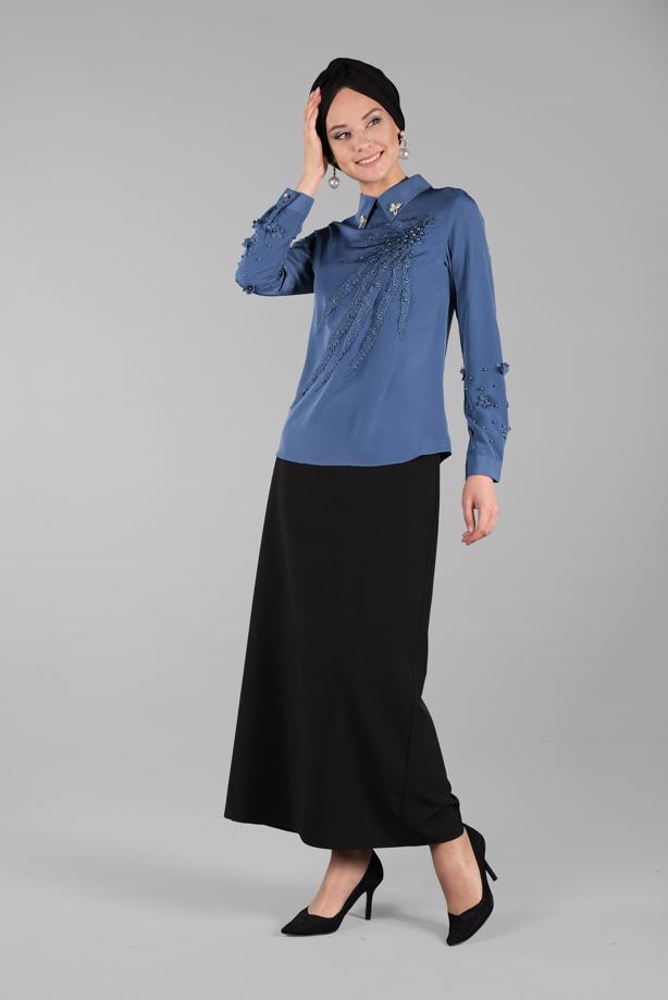 Vêtements hijab  T 9946 AYTE-YAKA UCU AKSESUARLI İŞLEMELİ BLUZ - TRENDTESETTÜR