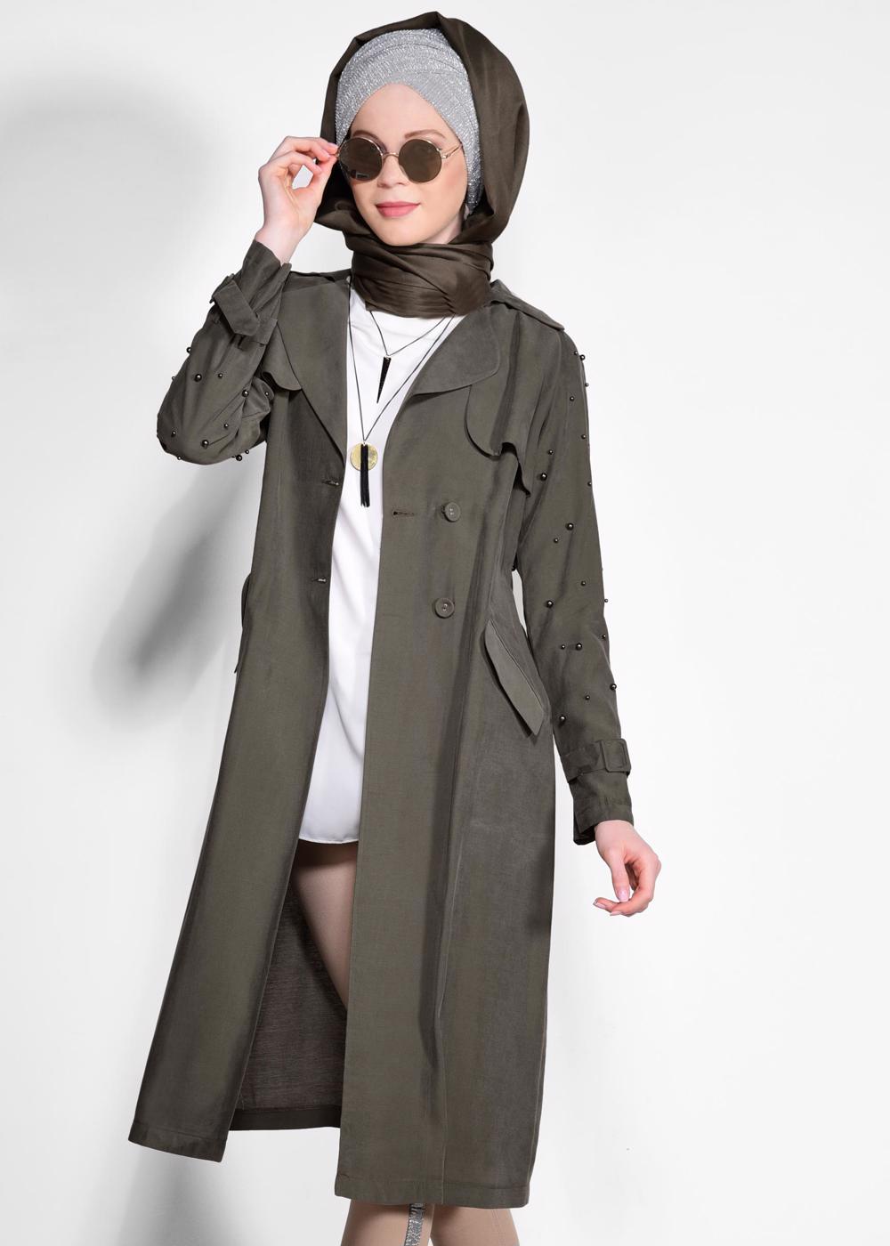 Tesettür giyim HAKİ KEMERLİ KOLLARI BONCUKLU GİY ÇIK 4206