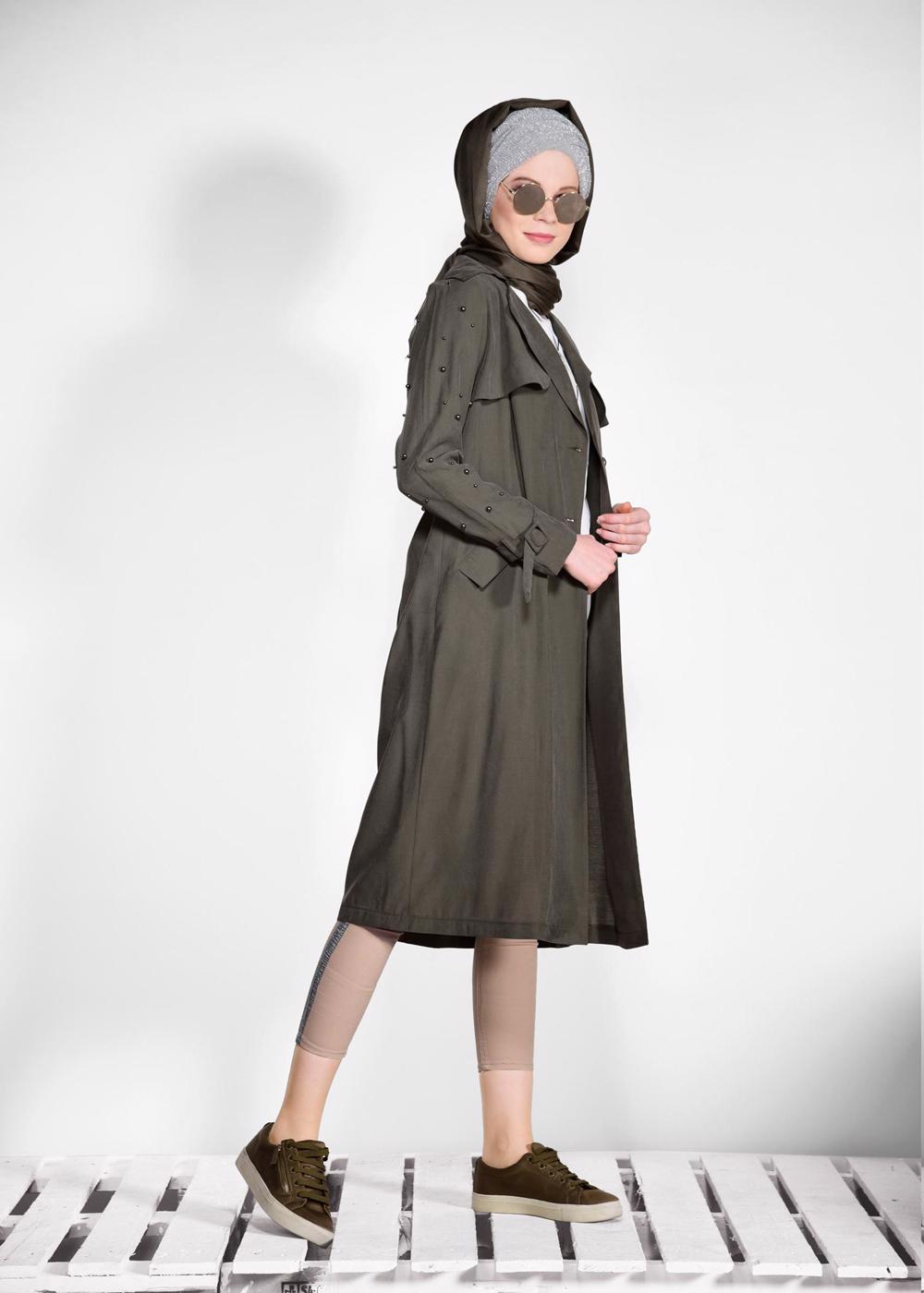 Tesettür giyim HAKİ KEMERLİ KOLLARI BONCUKLU GİY ÇIK 4206