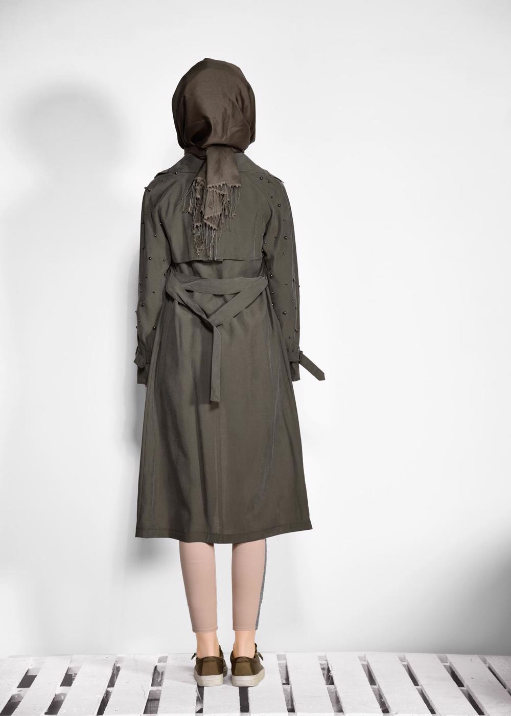 Tesettür giyim HAKİ KEMERLİ KOLLARI BONCUKLU GİY ÇIK 4206