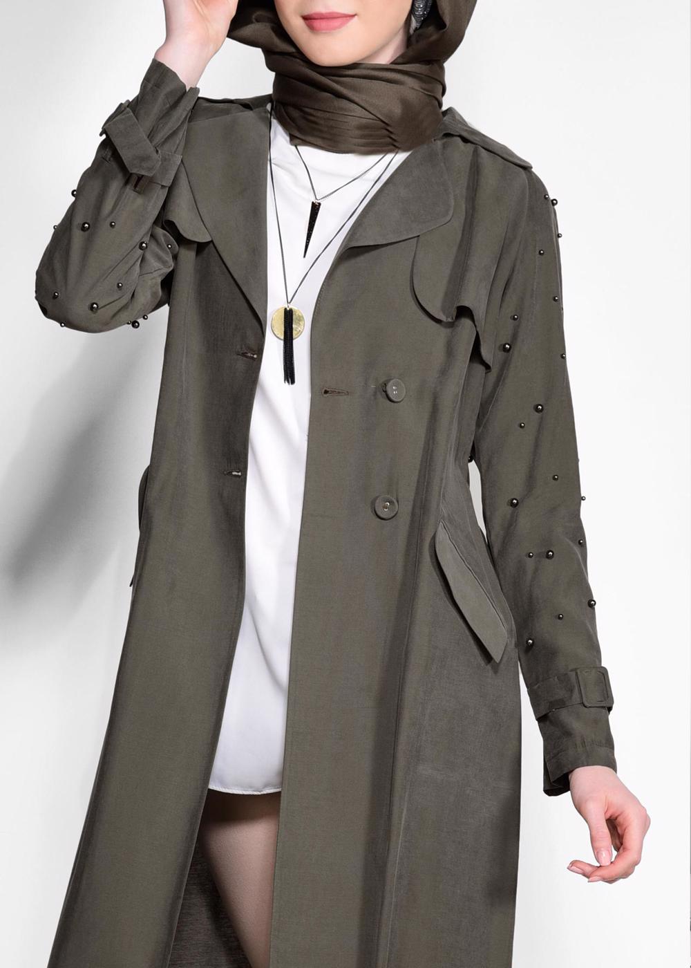 Tesettür giyim HAKİ KEMERLİ KOLLARI BONCUKLU GİY ÇIK 4206