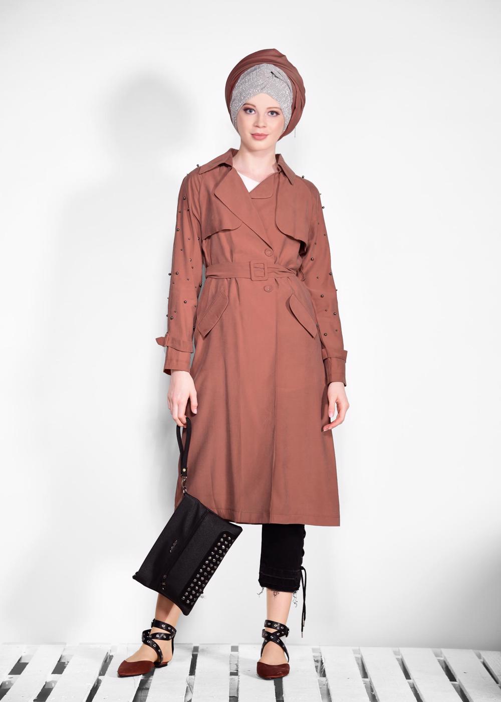 Tesettür giyim KAHVE KEMERLİ KOLLARI BONCUKLU GİY ÇIK 4206