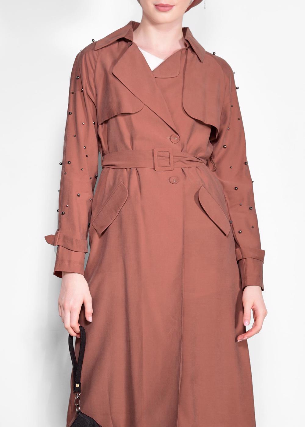 Tesettür giyim KAHVE KEMERLİ KOLLARI BONCUKLU GİY ÇIK 4206