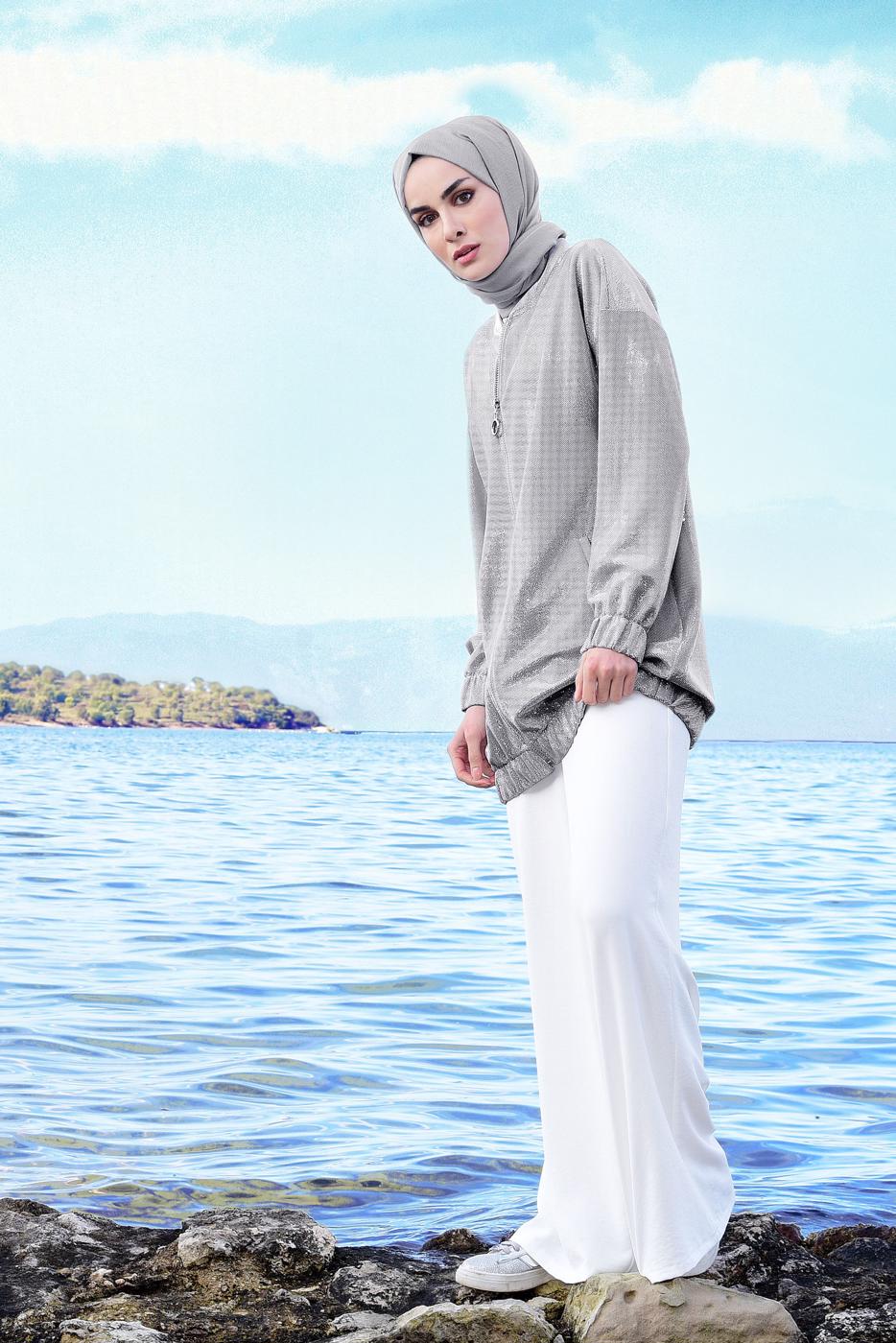 Tesettür giyim GRİ SİMLİ FERMUARLI CEKET T 31881