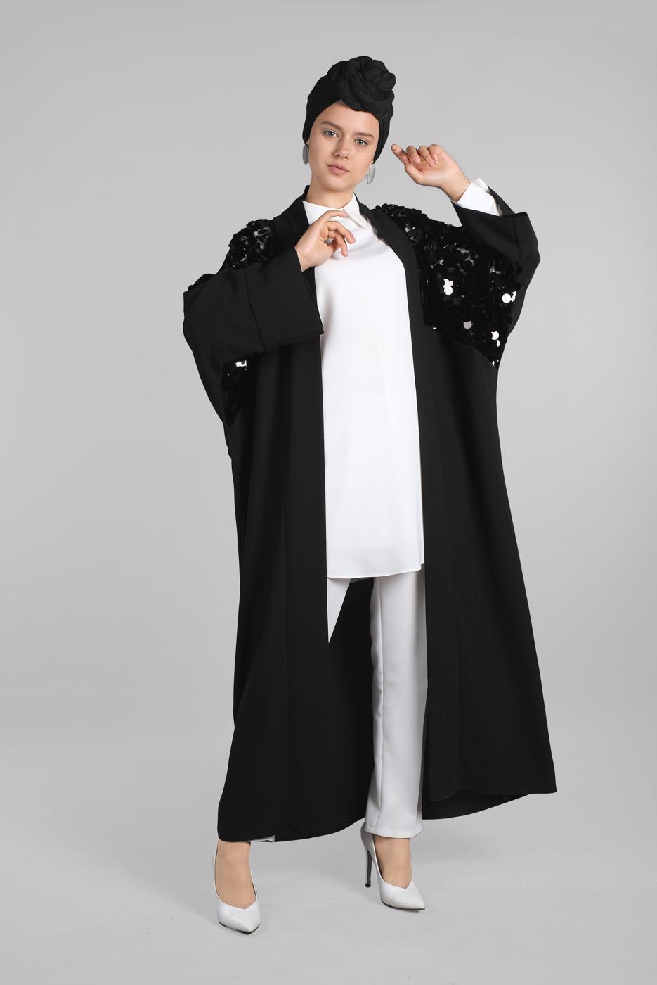 Tesettür giyim SİYAH YARASAKOL PAYETLİ KİMONO CEKET 38305 