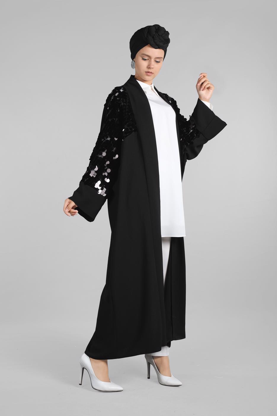 Tesettür giyim SİYAH YARASAKOL PAYETLİ KİMONO CEKET 38305 