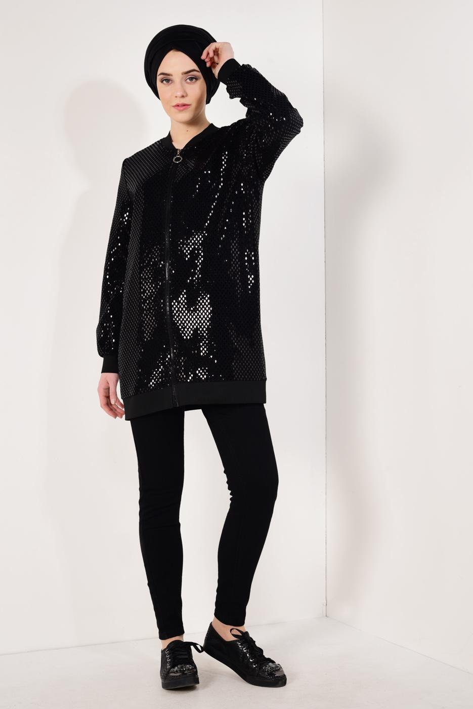 Tesettür giyim SİYAH ÖNDEN FERMUARLI PUL PAYET CEKET T 41981