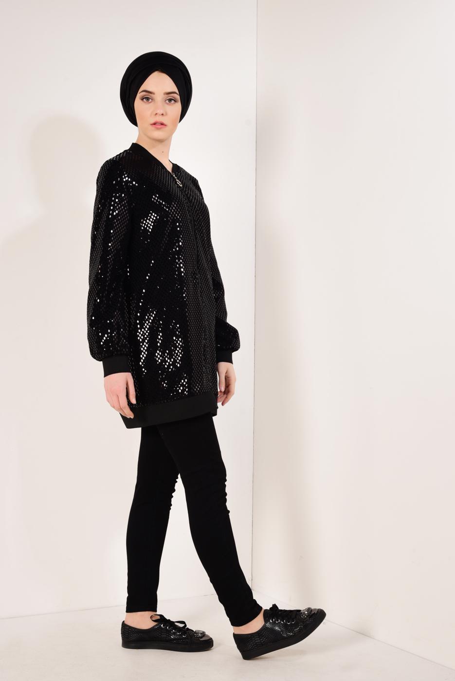 Tesettür giyim SİYAH ÖNDEN FERMUARLI PUL PAYET CEKET T 41981