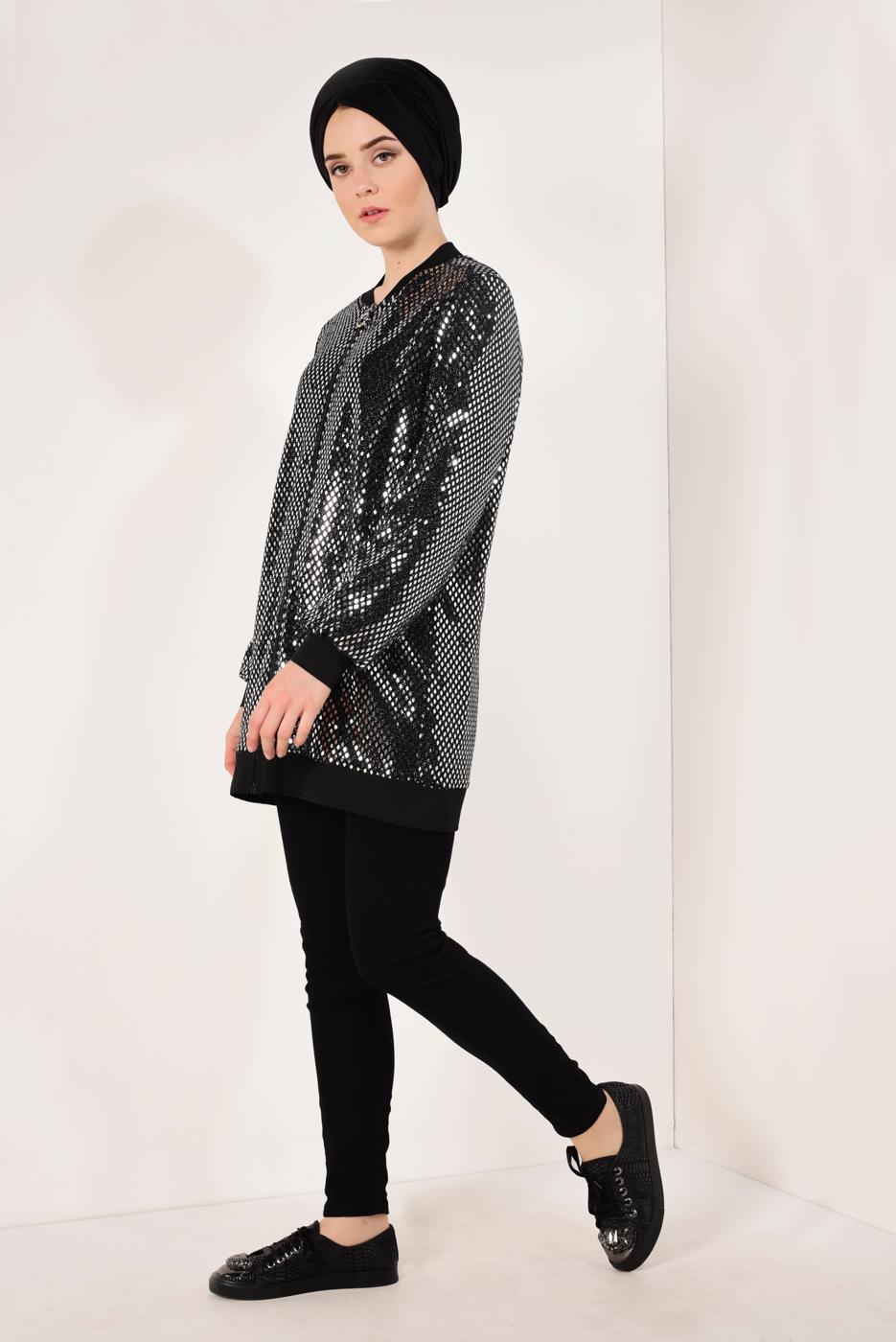 Tesettür giyim GRİ ÖNDEN FERMUARLI PUL PAYET CEKET T 41981