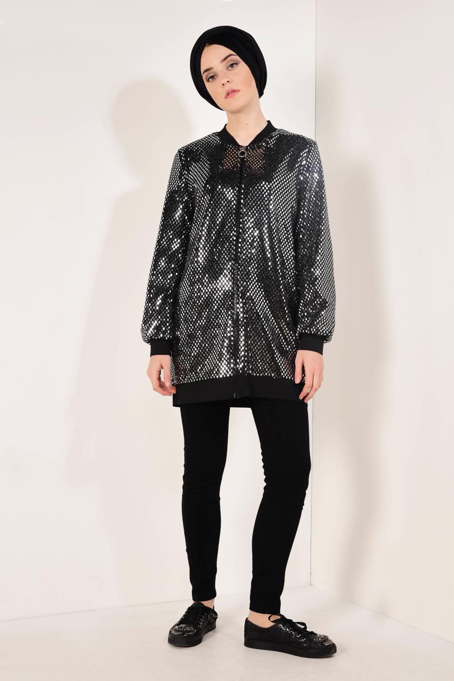 Tesettür giyim GRİ ÖNDEN FERMUARLI PUL PAYET CEKET T 41981