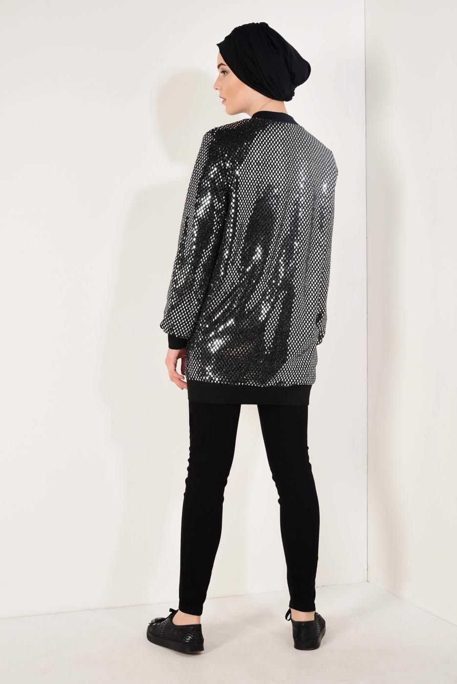 Tesettür giyim GRİ ÖNDEN FERMUARLI PUL PAYET CEKET T 41981