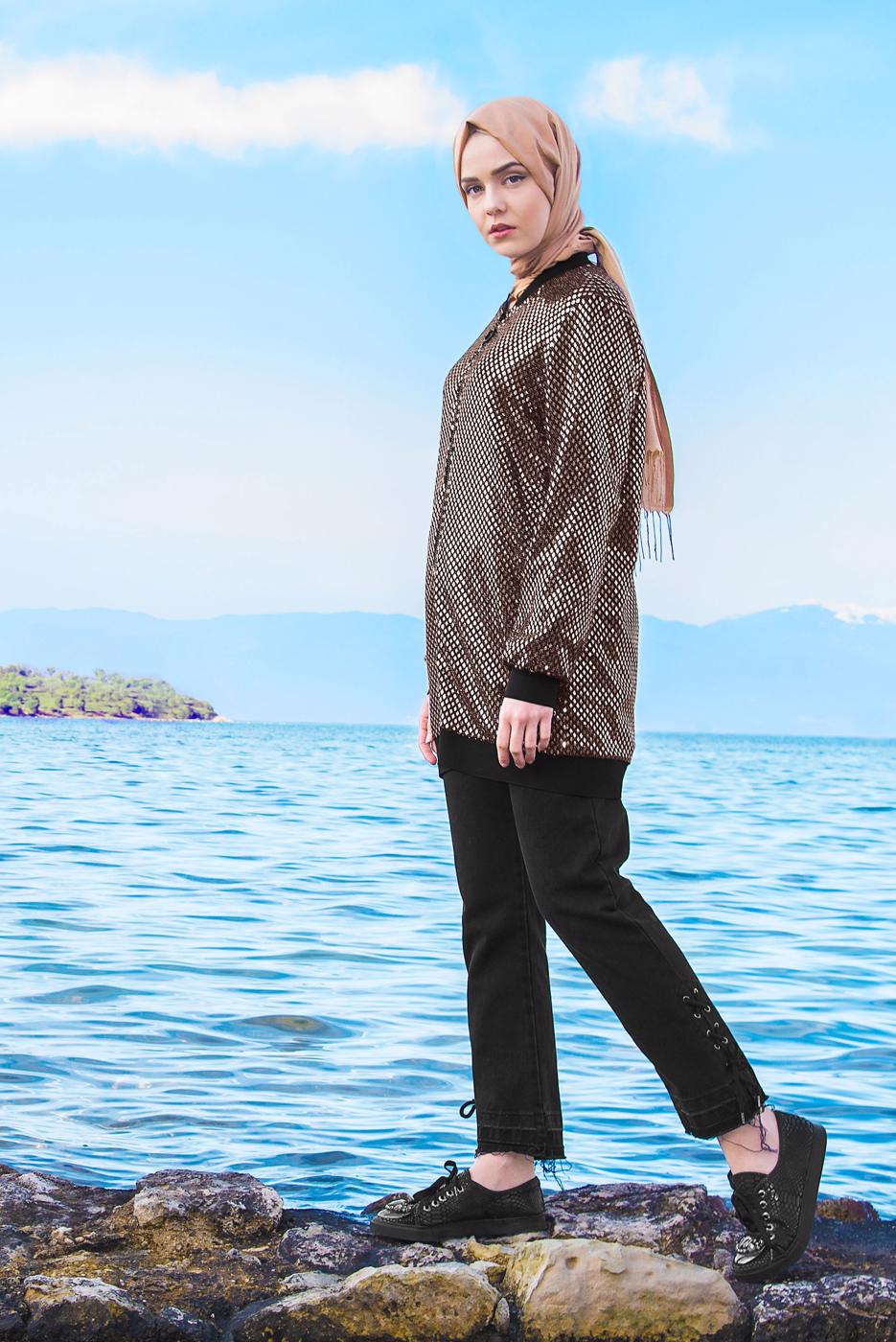 Tesettür giyim PUDRA ÖNDEN FERMUARLI PUL PAYET CEKET T 41981