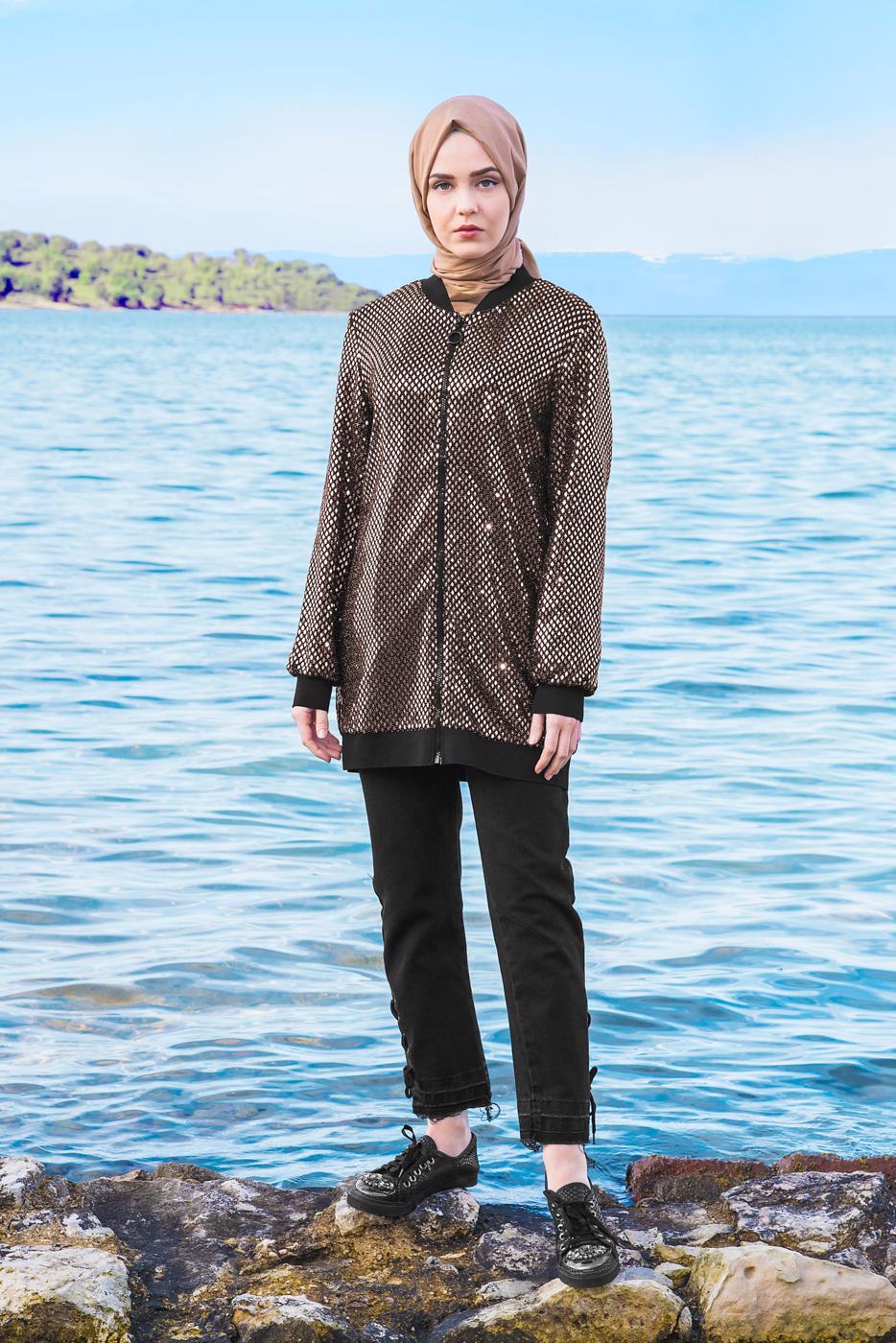 Tesettür giyim PUDRA ÖNDEN FERMUARLI PUL PAYET CEKET T 41981