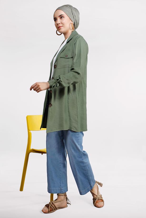 Vêtements hijab  Pocket Button Detail Linen Jacket  T 80891 - TRENDTESETTÜR