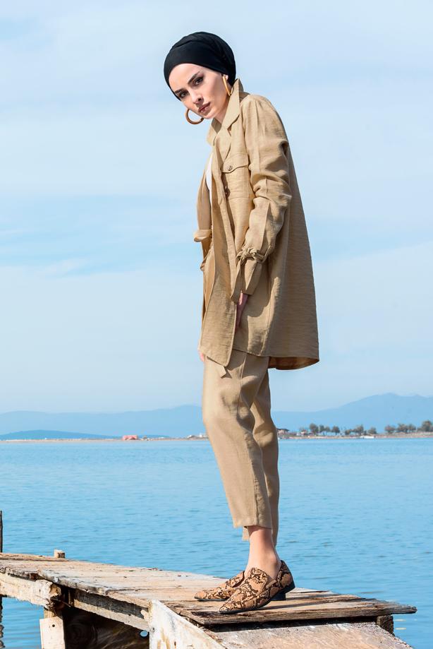 Vêtements hijab  Pocket Button Detail Linen Jacket  T 80891 - TRENDTESETTÜR