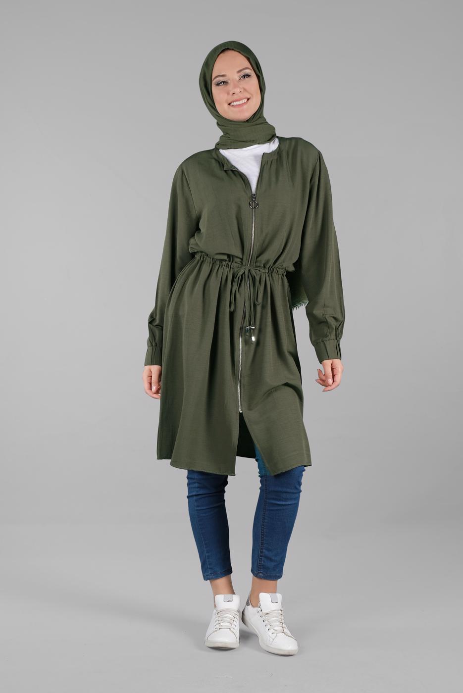 Tesettür giyim HAKİ BELDEN BÜZGÜLÜ FERMUARLI GİY ÇIK 0009