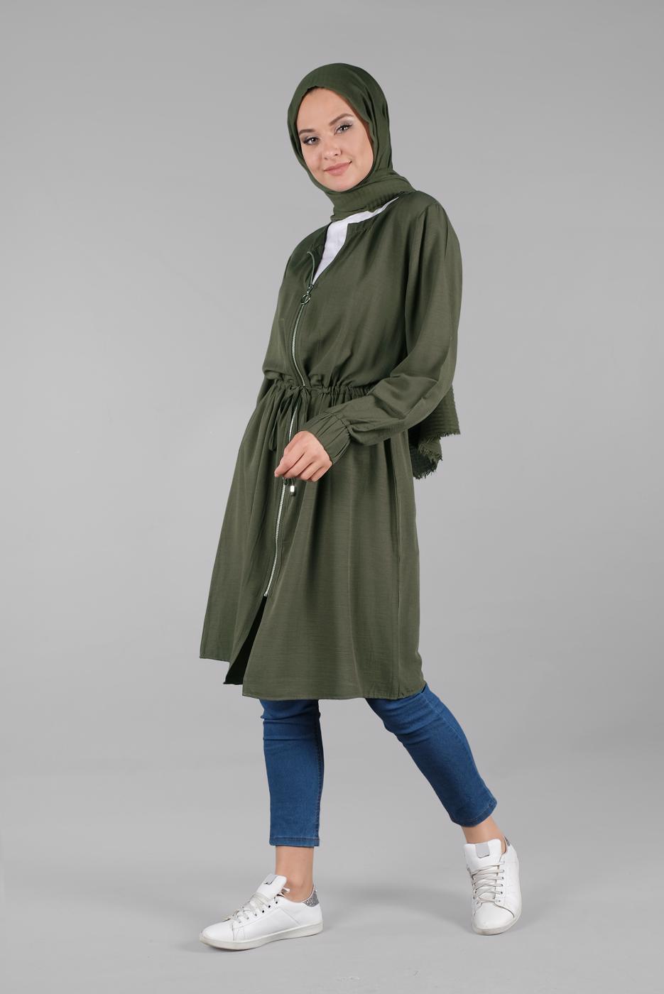 Tesettür giyim HAKİ BELDEN BÜZGÜLÜ FERMUARLI GİY ÇIK 0009