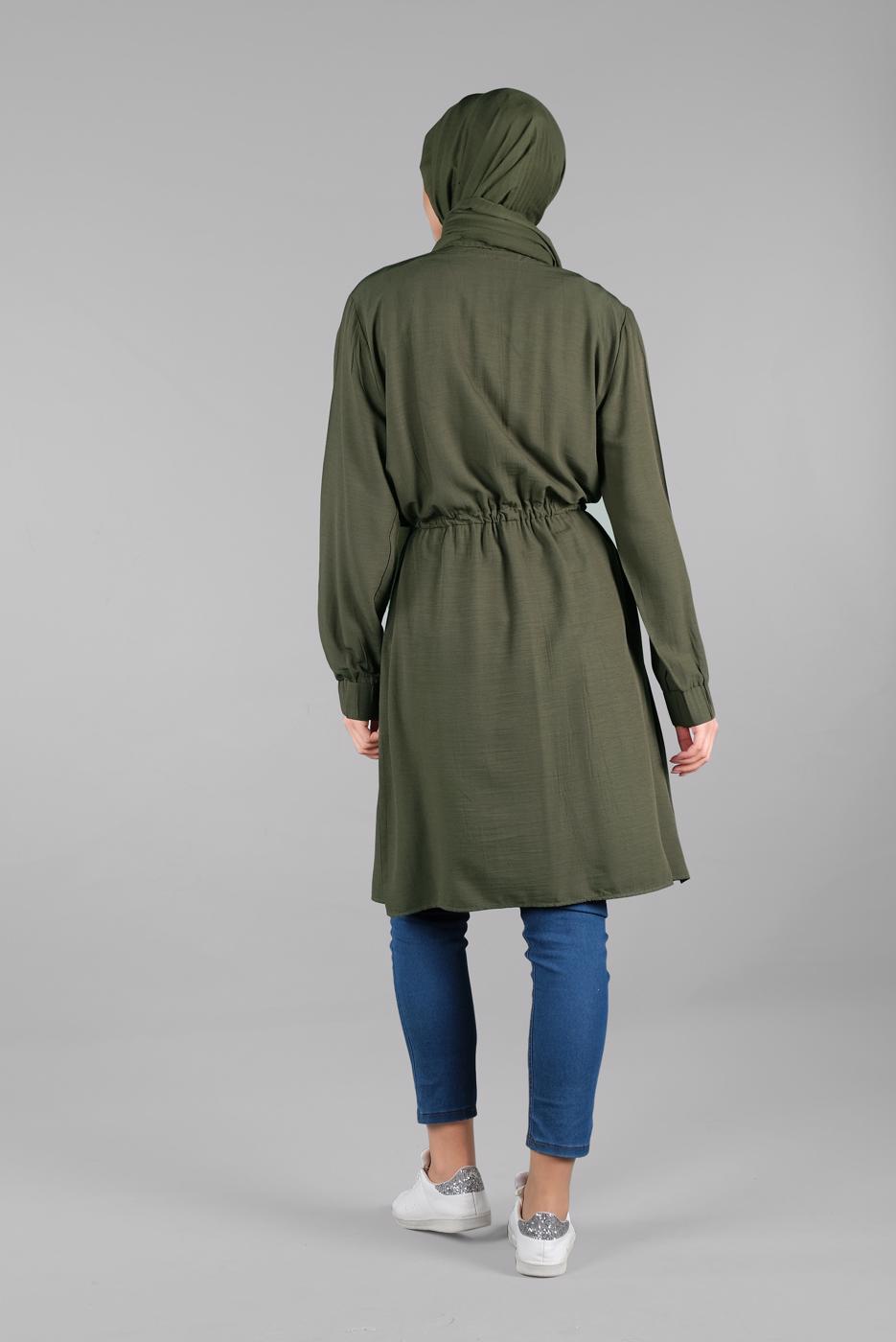 Tesettür giyim HAKİ BELDEN BÜZGÜLÜ FERMUARLI GİY ÇIK 0009