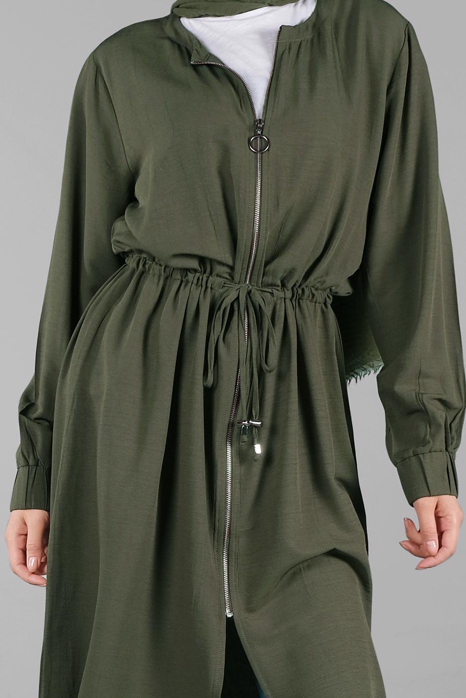 Tesettür giyim HAKİ BELDEN BÜZGÜLÜ FERMUARLI GİY ÇIK 0009