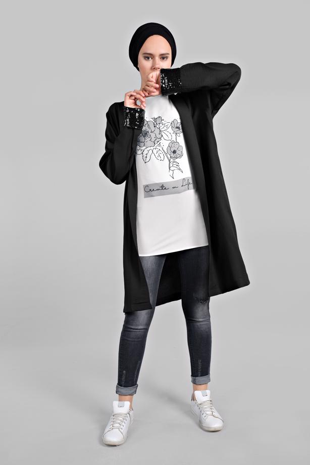 Vêtements hijab  Sequin Detail Floral Printed Binary Tunic Jacket T 0234  - TRENDTESETTÜR