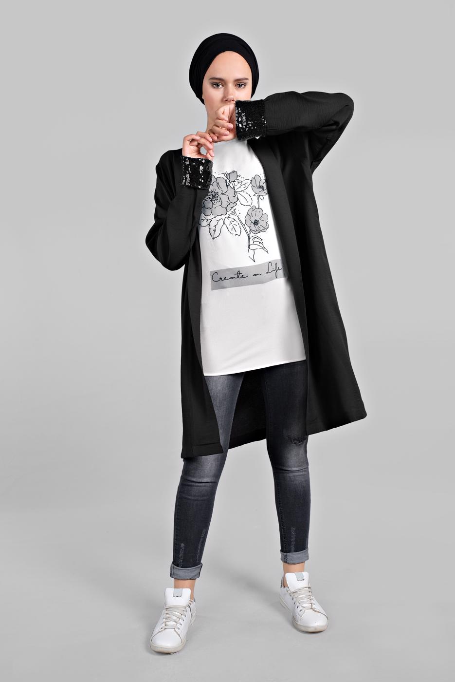 Hijab clothing BLACK Sequin Detail Floral Printed Binary Tunic Jacket T 0234 
