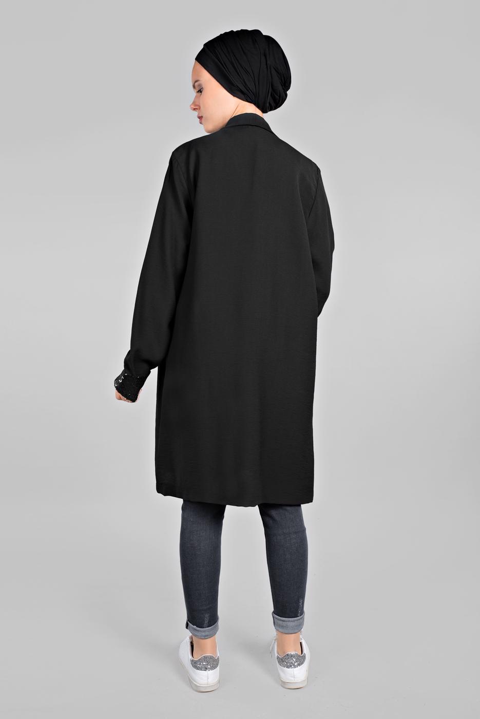 Hijab clothing BLACK Sequin Detail Floral Printed Binary Tunic Jacket T 0234 