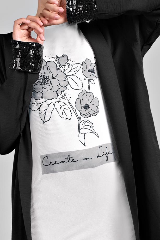 Vêtements hijab  Sequin Detail Floral Printed Binary Tunic Jacket T 0234  - TRENDTESETTÜR