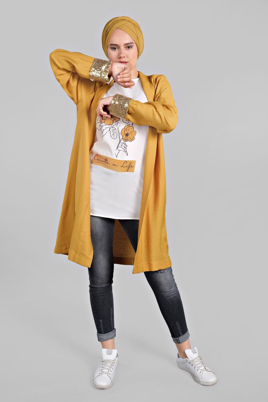 Hijab clothing ORANGE Sequin Detail Floral Printed Binary Tunic Jacket T 0234 