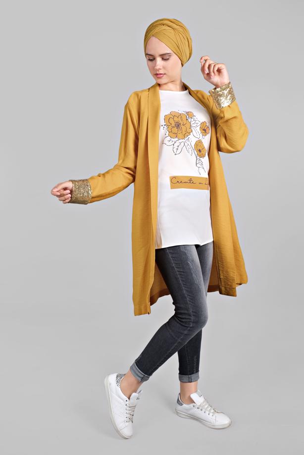 Vêtements hijab  Sequin Detail Floral Printed Binary Tunic Jacket T 0234  - TRENDTESETTÜR