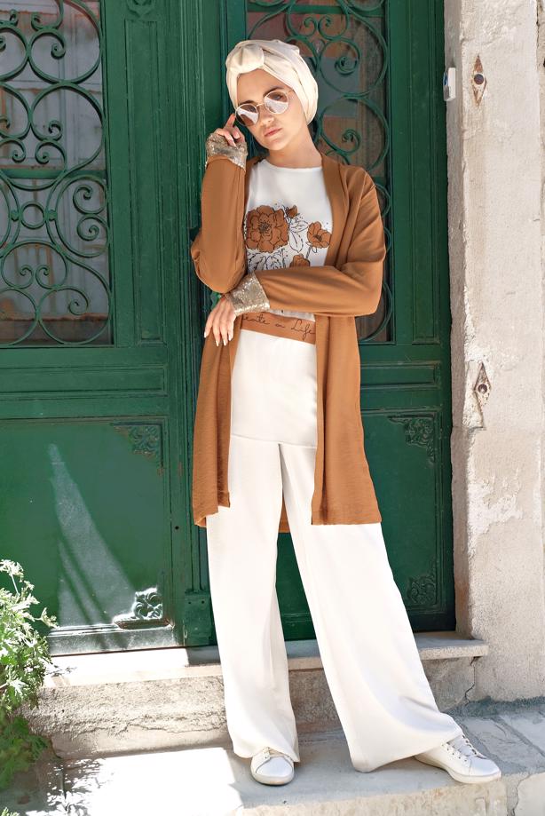 Vêtements hijab  Sequin Detail Floral Printed Binary Tunic Jacket T 0234  - TRENDTESETTÜR