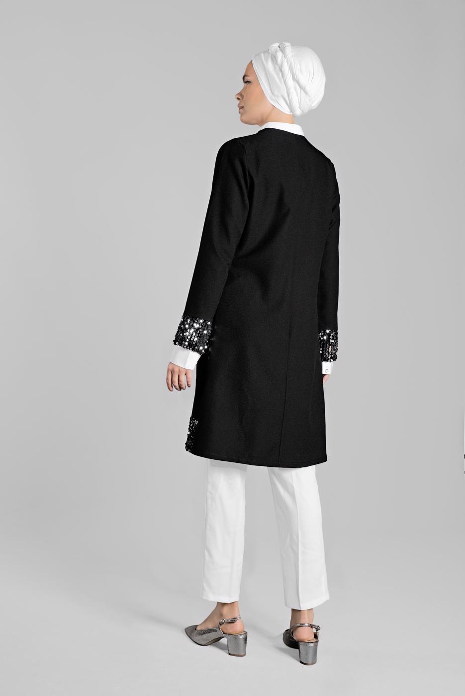 Tesettür giyim SİYAH PUL PAYETLİ PAMUKLU CEKET 1401