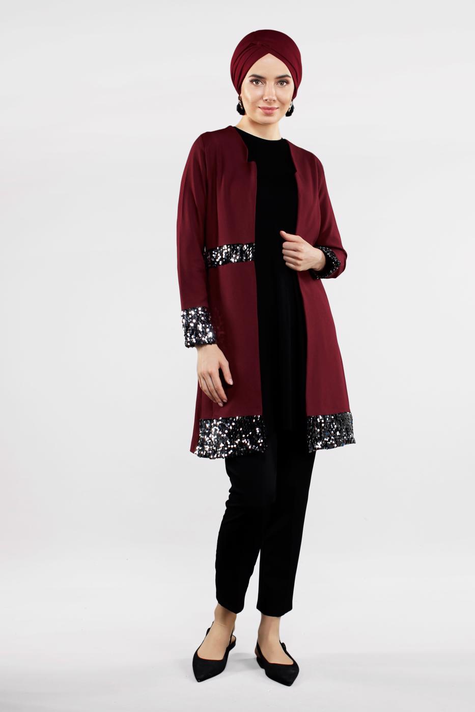 Tesettür giyim BORDO PUL PAYETLİ PAMUKLU CEKET 1401
