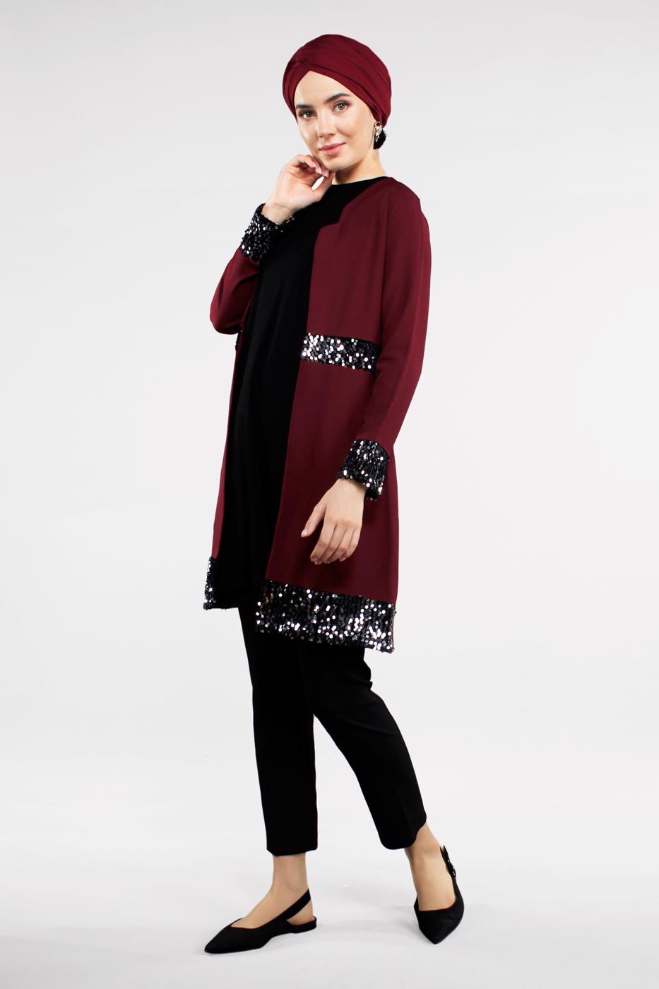 Tesettür giyim BORDO PUL PAYETLİ PAMUKLU CEKET 1401