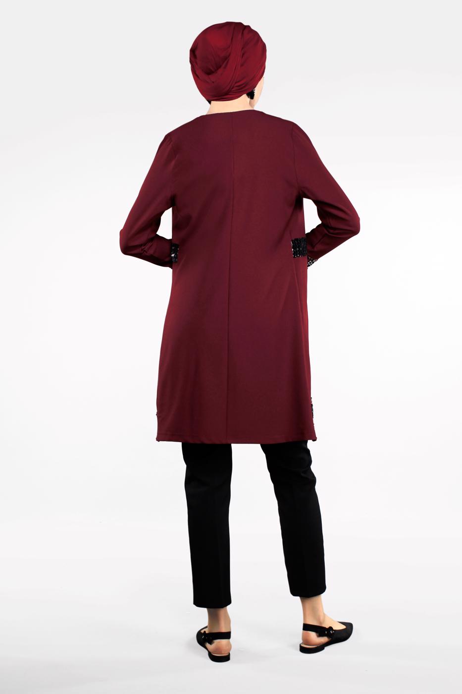 Tesettür giyim BORDO PUL PAYETLİ PAMUKLU CEKET 1401