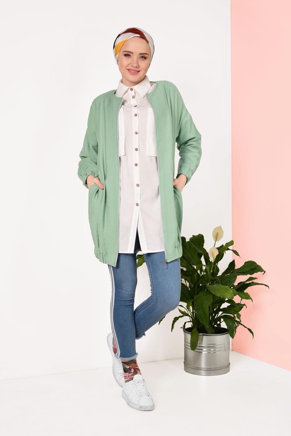 Hijab clothing GREEN Crew Neck Zipper Jacket T 1617