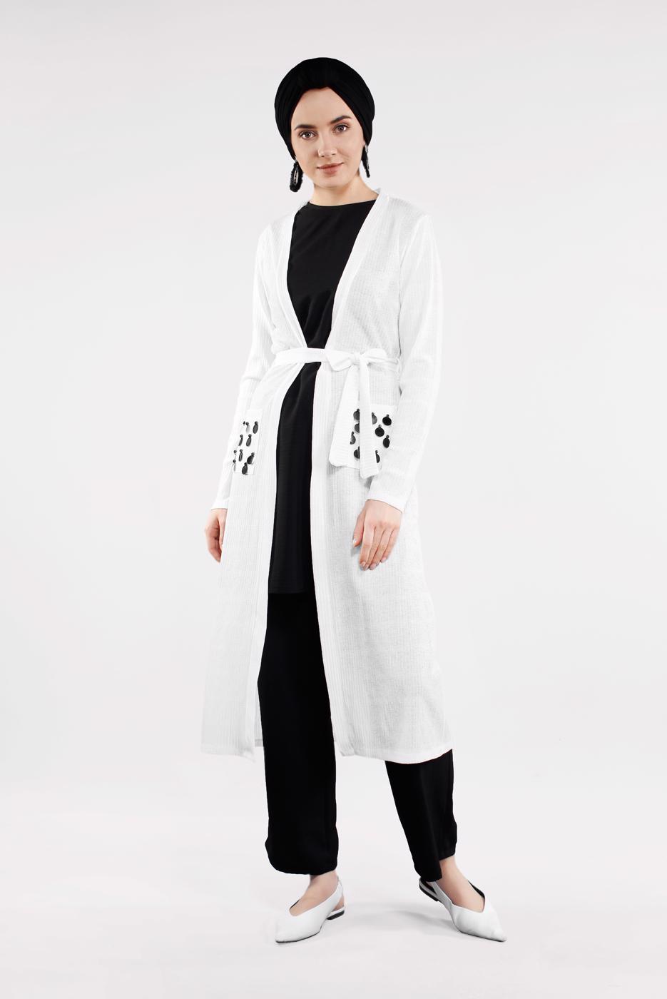 Tesettür giyim KREM BELDEN KUŞAKLI PULLU CEKET 2053