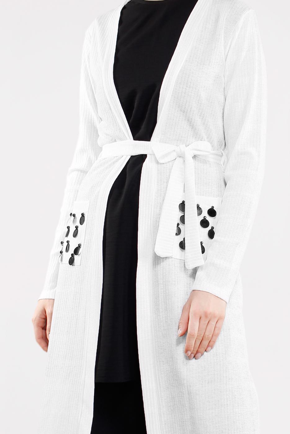 Tesettür giyim KREM BELDEN KUŞAKLI PULLU CEKET 2053